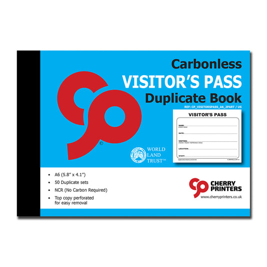 Visitor's Pass | Duplicate Book | 2 part | Carbonless | 50 Sets per book | A6 - 5.8" x 4.1" | BOX OF 80 BOOKS