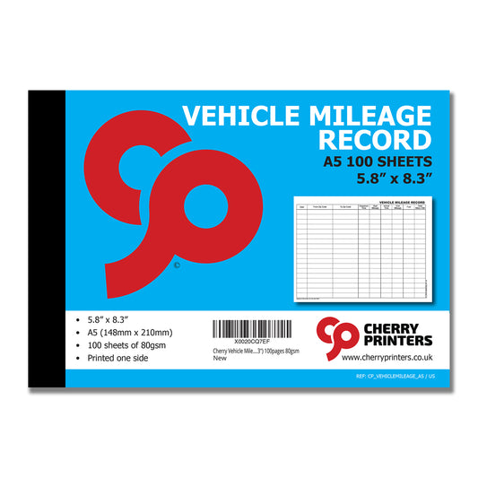 Vehicle Mileage Record Log Book | 100 pages | 80gsm Paper | A5 - 5.8" x 8.3" | BOX OF 40 BOOKS