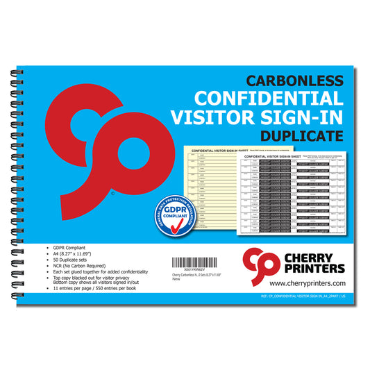 Confidential Visitor Sign In Log Book | Duplicate | 2 part | Carbonless | A4 - 8.27" x 11.69" | BOX OF 20 BOOKS