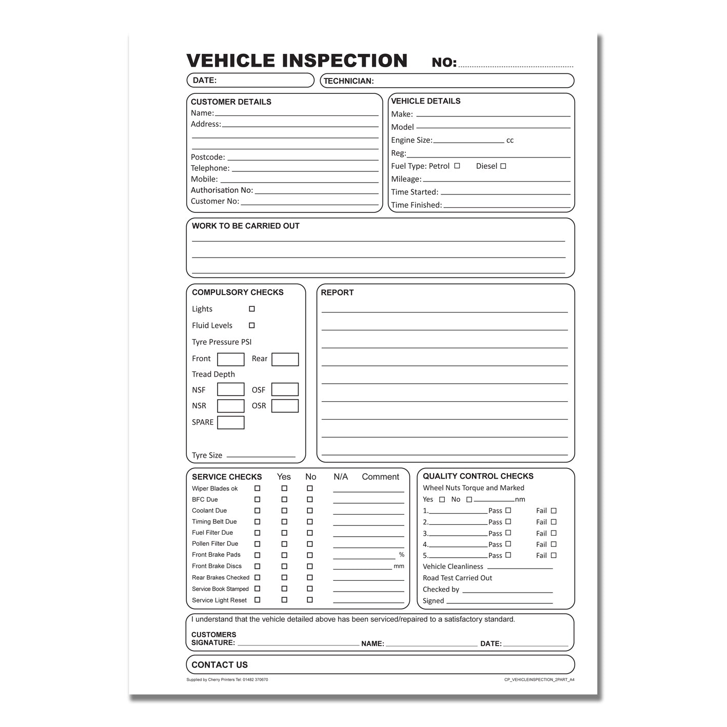 Inspection Book Line NCR Vehicle Inspection Book A4 Duplicate – Cherry Printers UK