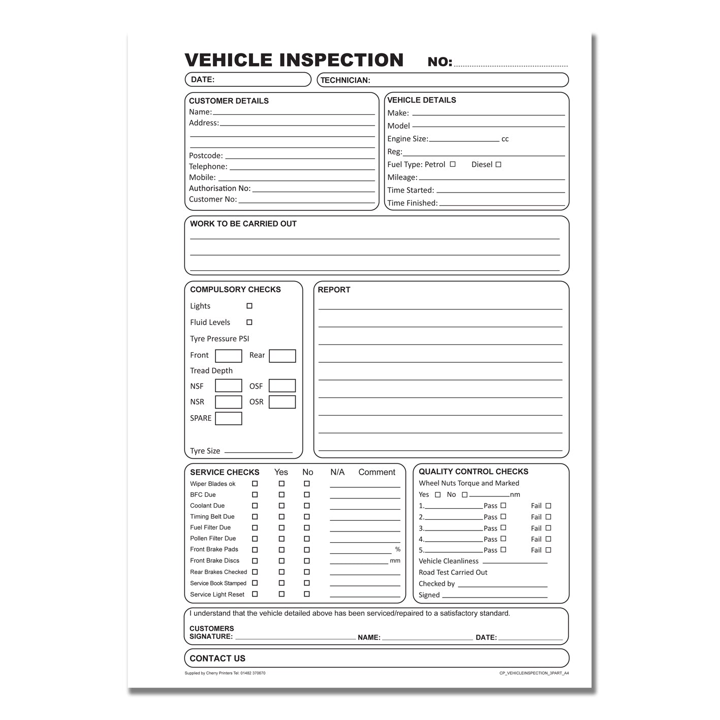 NCR Vehicle Inspection Book A4 Triplicate