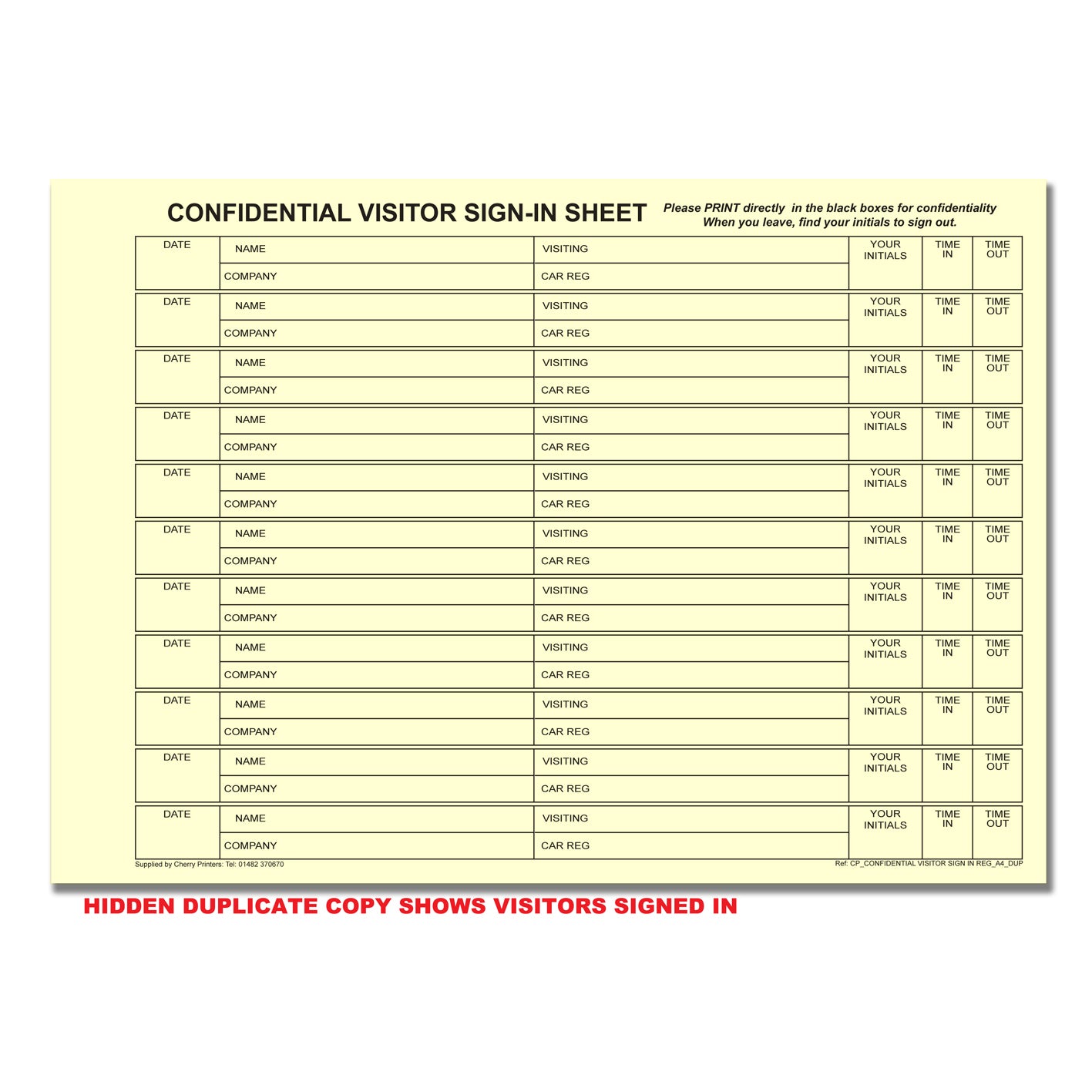 Confidential Visitor Sign In Log Book with Car Reg | Duplicate | 2 part | Carbonless | A4 - 8.27" x 11.69" | BOX OF 20 BOOKS