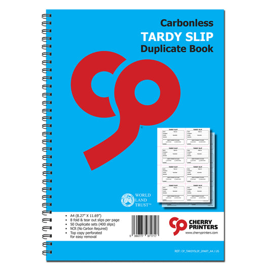 Tardy Slip | Fold and Tear | Duplicate Book | 2 part | Carbonless | 400 slips Per Book | A4 - 8.27" x 11.69"
